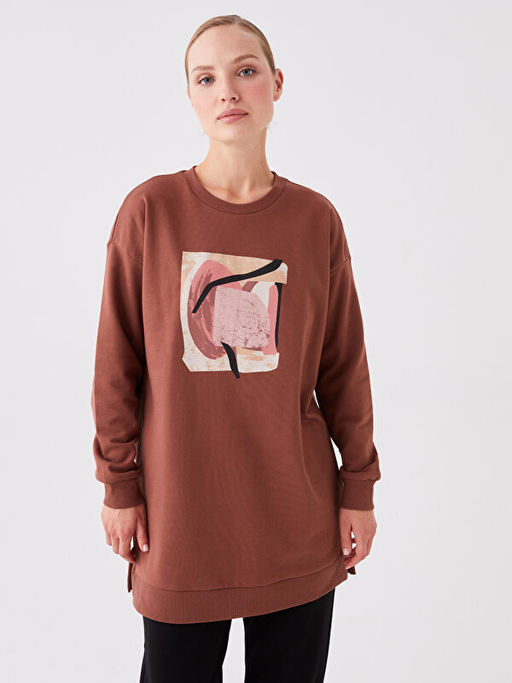 Bisiklet Yaka Bask?l? Uzun Kollu Oversize Kad?n Sweatshirt Tunik