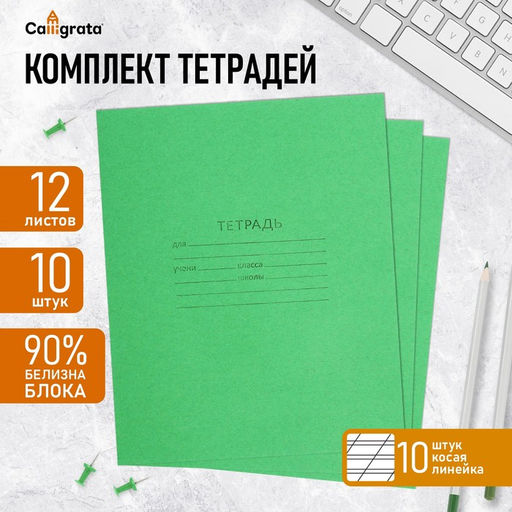 Комплект тетрадей из 10 штук, 12 листов в косую линию КПК Зелёная обложка, 58-63 г/м2, блок офсет, белизна 90%