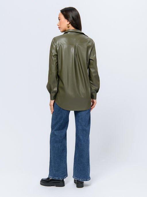 Рубашка цвета хаки из искусственной кожи с длинными рукавами - 1001dress фото 4