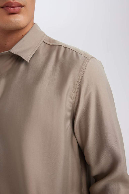 Мужская рубашка цвета хаки с повседневным кроем и воротником-поло из саржевой ткани, смешанная модальная однотонная рубашка с длинными рукавами - Defacto фото 4