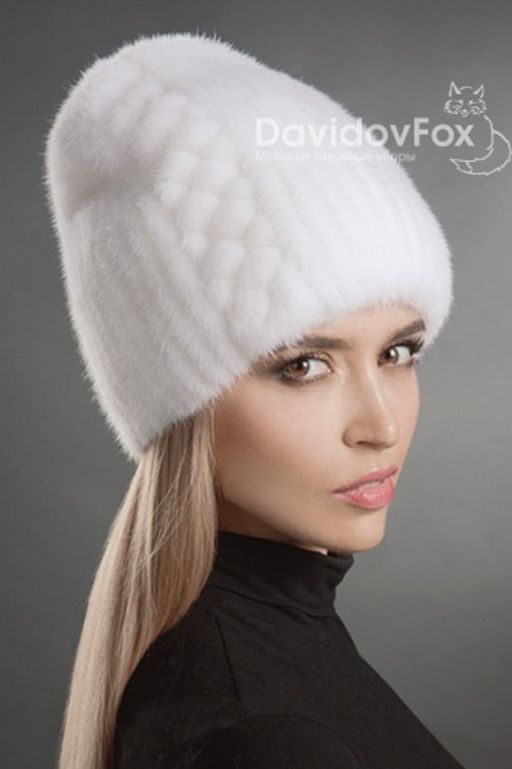 Шапка Бини норка орнамент белая