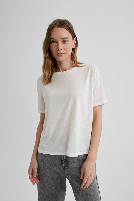 Футболка Relax Fit с круглым вырезом из блестящей ткани с короткими рукавами - Defacto фото 3