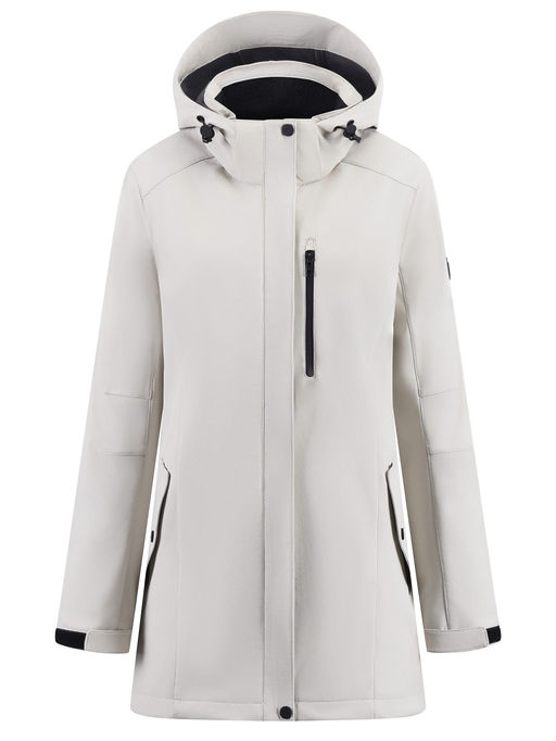 Парка женская софтшелл виндстоппер удлинённая с капюшоном белого цвета 9618_1Bl