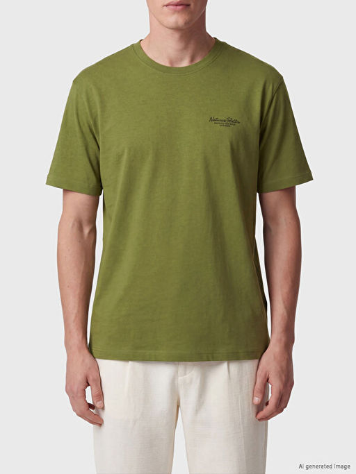 Loose Fit Bisiklet Yaka Bask?l? Erkek Ti??rt