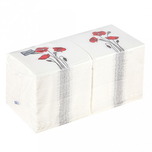 Салфетки бумажные Art Bouquet 20х20см, 2-х слойные, 250 штук в упаковке, 100% целлюлоза, Маки (Россия)