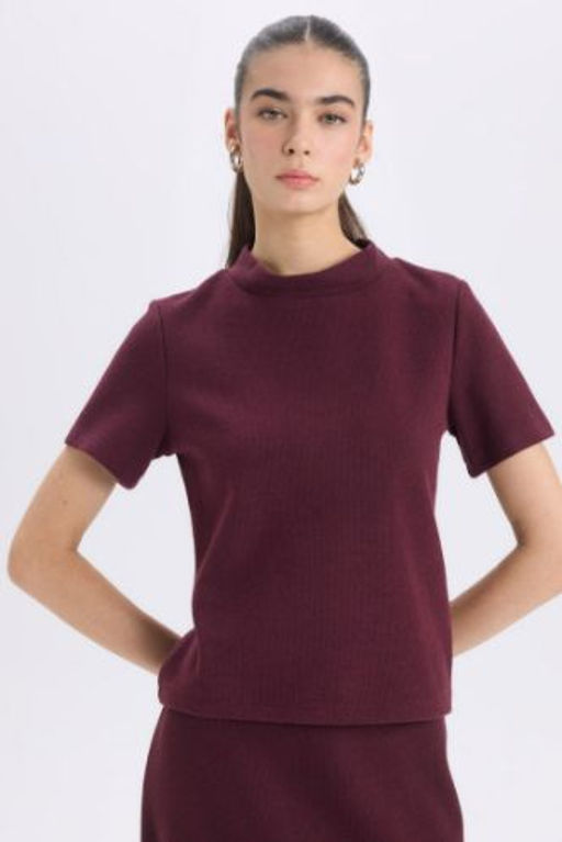 Slim Fit Dar Kesim Yar?m Bal?kc? Yaka Basic Duz K?sa Kollu Bordo Tisort