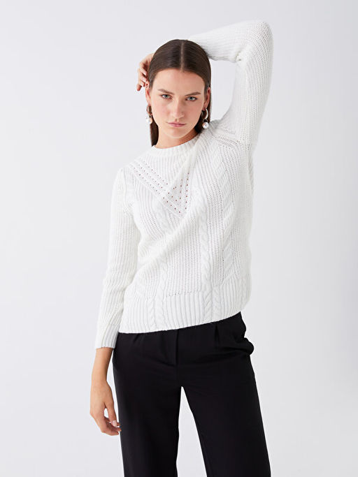 Bisiklet Yaka Ajurlu Uzun Kollu Kad?n Triko Kazak