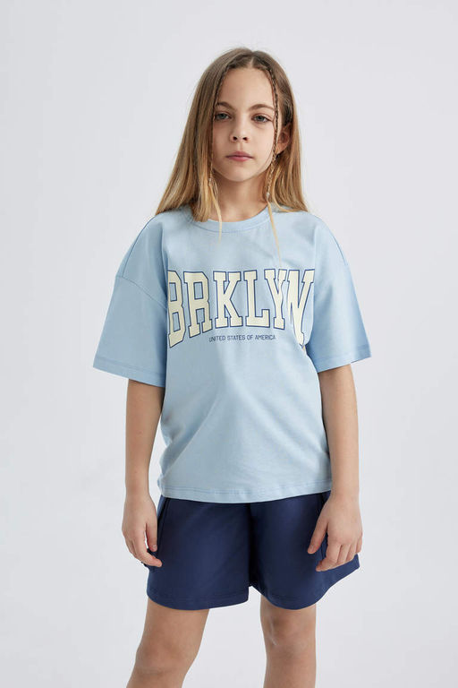 Футболка с короткими рукавами и принтом для девочек Relax Fit - Defacto фото 3