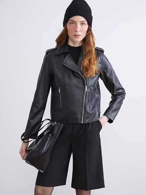 Biker Yaka Kad?n Deri G?r?n?ml? Ceket