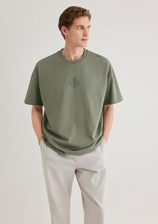 S?rt Bask?l? Haki Istanbul Tisort - Mavi фото 3