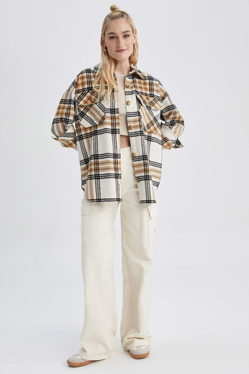 Фланелевая туника с длинными рукавами и воротником-рубашкой оверсайз - Defacto фото 2