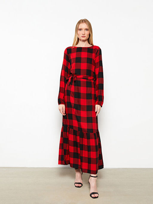 Bisiklet Yaka Ekose Uzun Kollu Gabardin Kad?n G?mlek Elbise