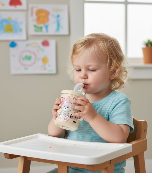 Цена за 2 шт. Кружка детская с крышкой, трубочкой и колпачком 300мл с декором "Зайка" (светло-бежевый)221502825/01