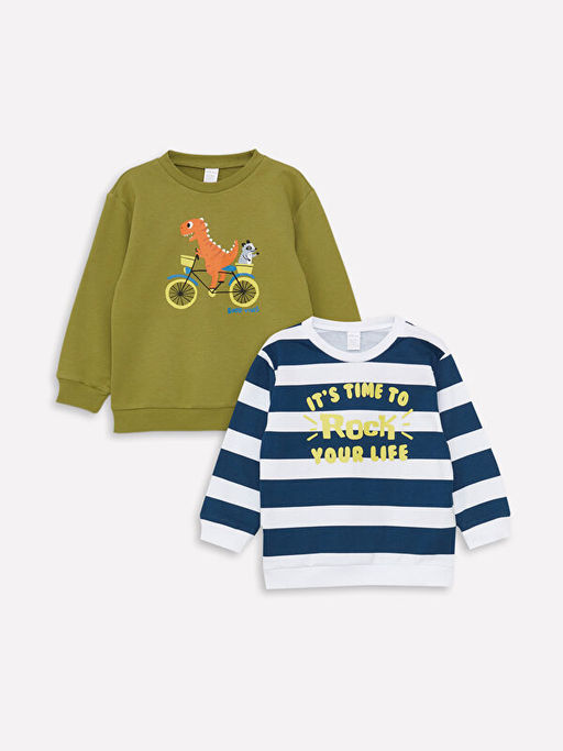 Bask?l? Uzun Kollu Erkek Bebek Sweatshirt 2li