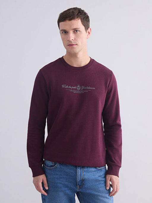 Standart Kal?p Bisiklet Yaka Bask?l? Erkek Kal?n Sweatshirt