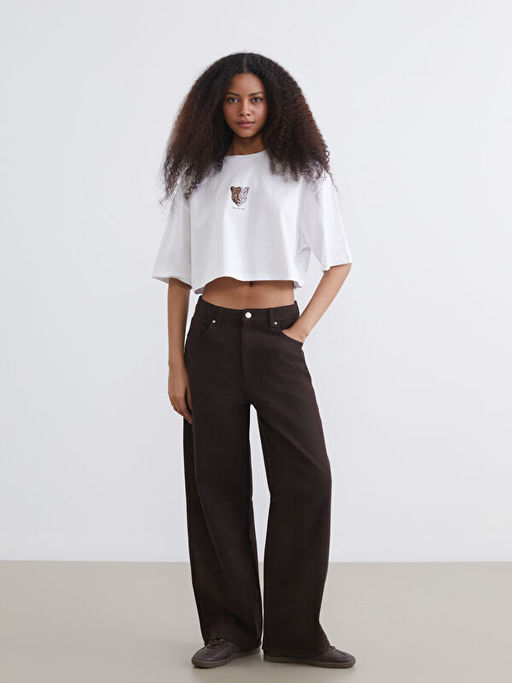 Bisiklet Yaka Leopar Bask?l? Oversize Kad?n Crop