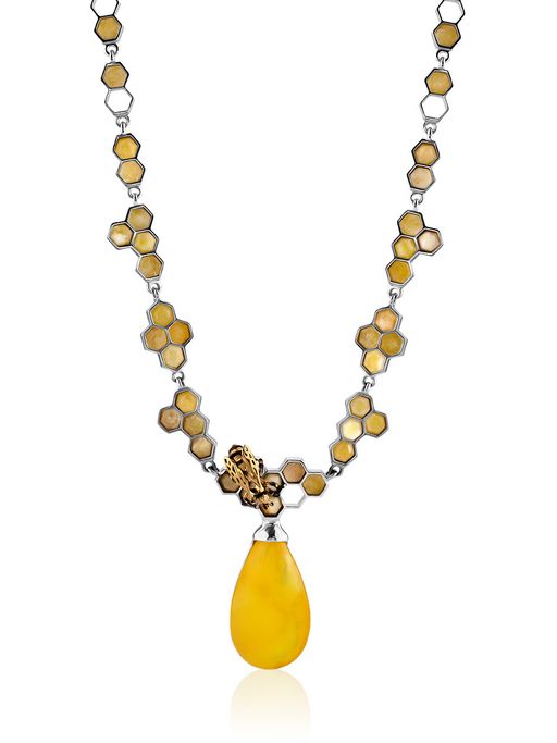 Оригинальное серебряное колье со вставками из натурального балтийского янтаря Винни Пух