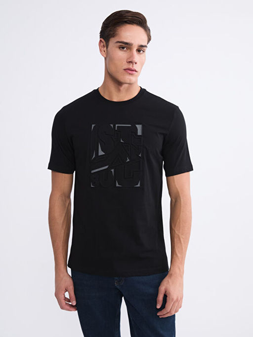 Bisiklet Yaka Bask?l? Penye Erkek Ti??rt