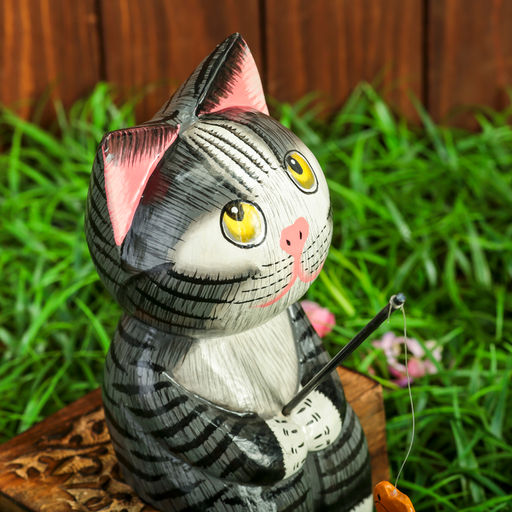 Сувенир «Котёнок рыбак», 9×9×25 см, дерево, серый