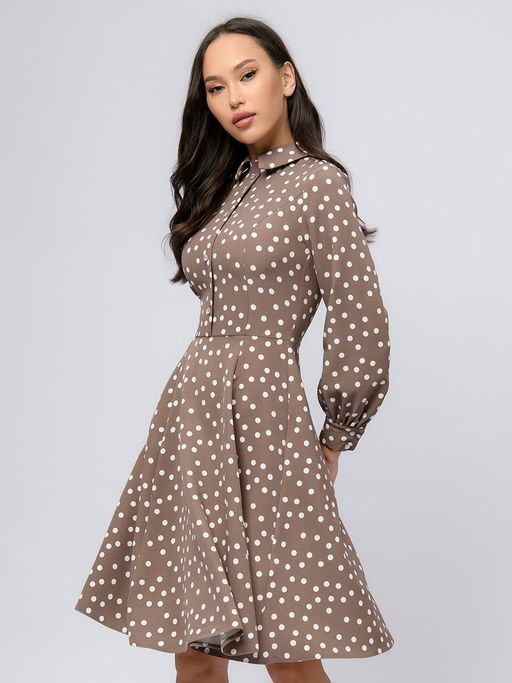 Платье кофейного цвета в горошек длины мини с декоративными пуговицами - 1001dress фото 2