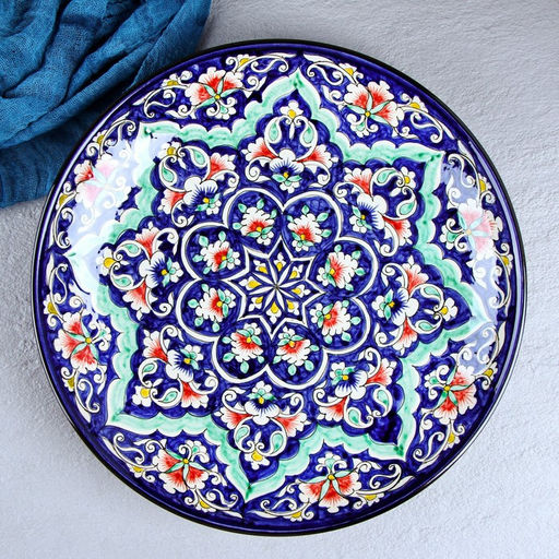 Ляган узбекский Риштанская Керамика «Цветы», d=32 см, синий