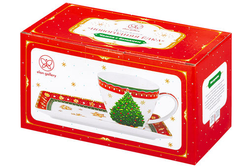 Чашка 250 мл с блюдцем для десерта 20*10*2 см Новогодняя елка красный узор NEW BONE CHINA - Elan gallery фото 27