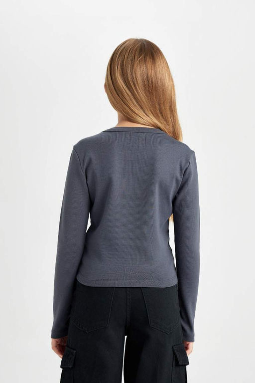 Укороченная рубашка с круглым вырезом для девочек, футболка в рубчик с принтом и длинными рукавами, состоящая из двух частей - Defacto фото 5