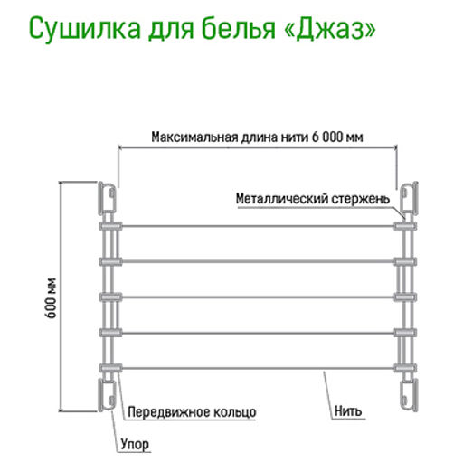 Сушилка для белья Джаз 6 линий, длина 6м, настенный способ установки (Россия) - Домашняя мода фото 3