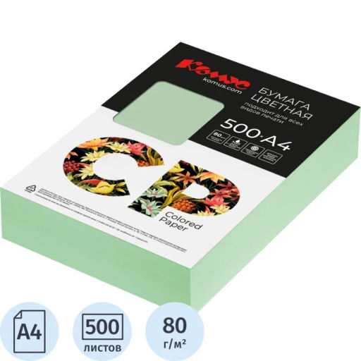Бумага цветная Комус CP (А4,80г,зеленый пастель MG28) пачка 500л  фото 2