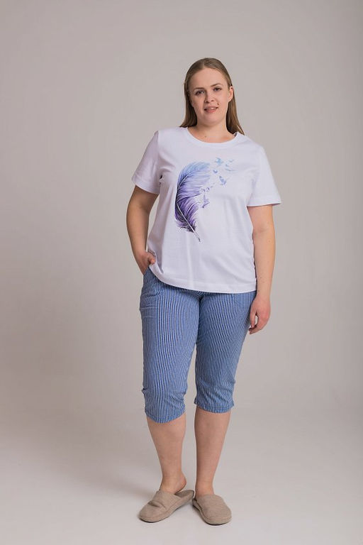 Капри из кулирки в полоску М326018гб голубой/белый