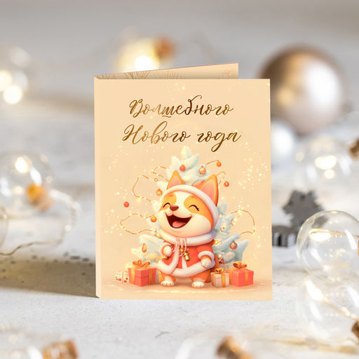 Цена за 2 шт Мини-открытка Волшебного Нового года! (корги на бежевом фоне с ёлкой)