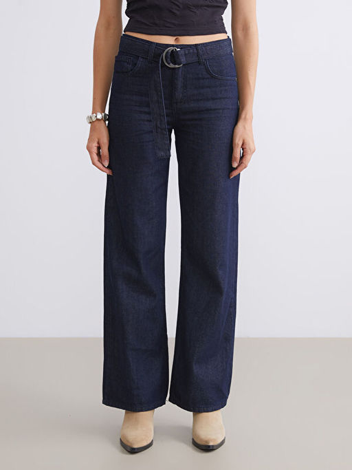 Beli Kemerli Wideleg Kad?n Jean Pantolon