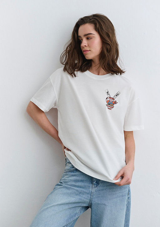 Delicious Bask?l? Beyaz Tisort - Mavi фото 2