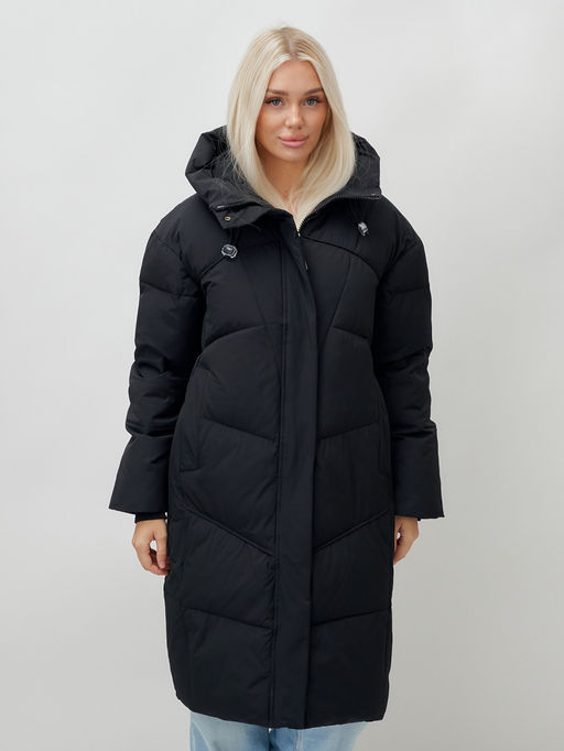 Пальто летучая мышь женское с капюшоном зимнее черного цвета 9616Ch - Mtforce фото 10