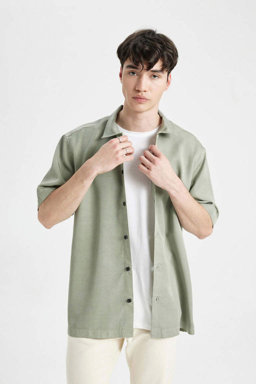 Хлопковая рубашка с короткими рукавами и воротником-поло Relax Fit - Defacto фото 4