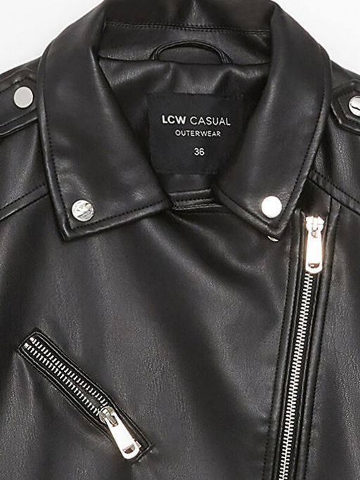 Kad?n Biker Yaka D?z Deri G?r?n?ml? Mont