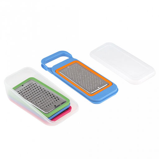 Терка из нержавеющей стали Хозяюшка 25,5х10,5х8,5см, с пластмассовым контейнером с крышкой 0,5л 20,5х10х5см, с насадками - 4 вида, пластмассовый держатель для насадки, в коробке (Китай) - Домашняя мода фото 5