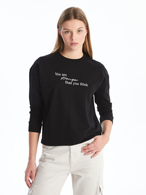 Bisiklet Yaka Uzun Kollu Bask?l? Kad?n Sweatshirt