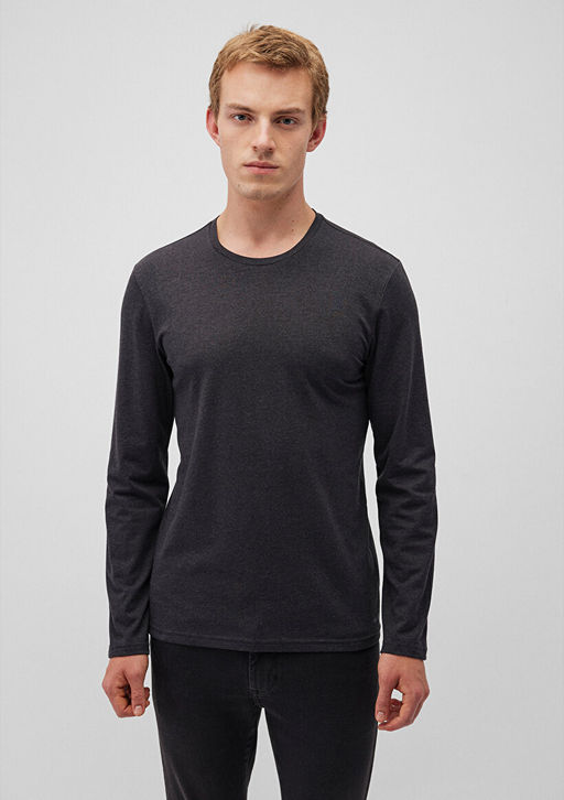 Uzun Kollu Gri Basic Tisort - Mavi фото 3