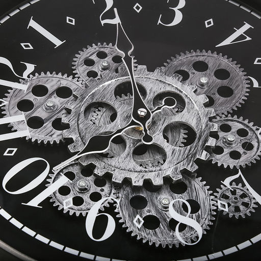 Часы настенные Механика д32см, h6,6см, циферблат Шестеренки вращающиеся, черный/потертое серебро; цифры арабские поверх стекла, серебристый; корпус пластик, черный; в лотке (Китай) - Домашняя мода фото 3