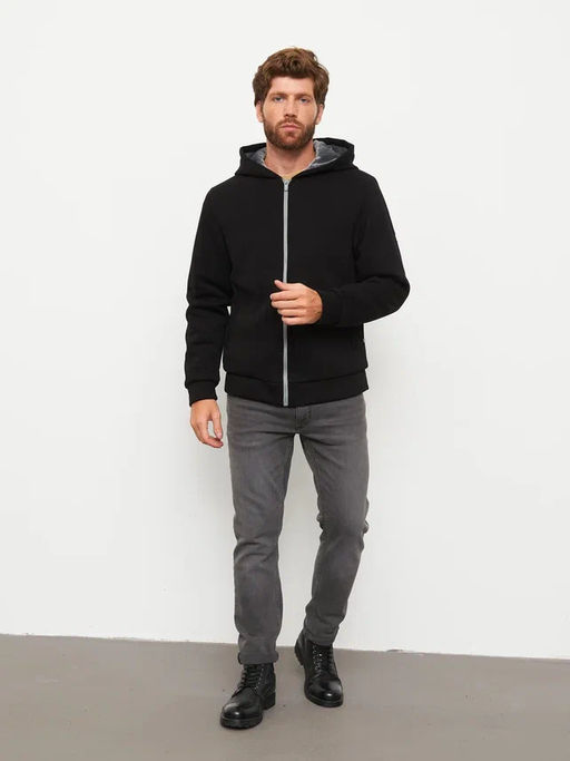 Акция -10%!!! М-34 Куртка-толстовка мужская на меховой подкладке (черный)