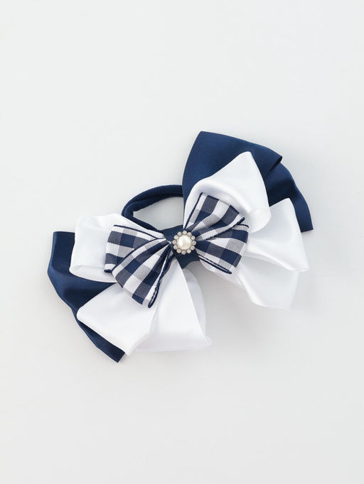 Цена за 6 шт. Бант для волос на резинке «Школьница», цветочек и клеточка, 12 см, бело-синий