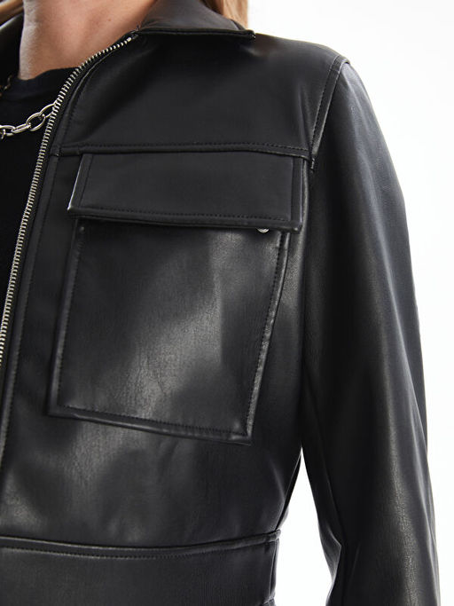 G?mlek Yaka Kad?n Deri G?r?n?ml? Ceket