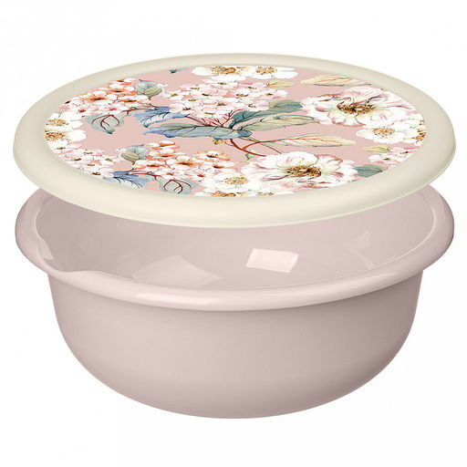 "Modena" Миска пластмассовая 2,1л, д22см, h9см, бежевый, с крышкой, с декором (Россия)