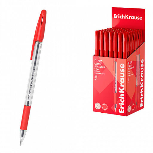 Цена за 50 шт. Ручка шариковая ErichKrause R-301 Stick&Grip Classic 1.0, цвет чернил красный (в коробке по 50 шт.)