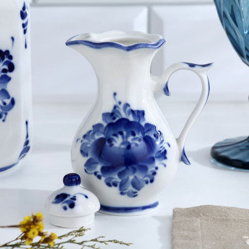 Набор для специй на подставке с молочником (питчером) «Весенний», 4 предмета, фарфор, гжель