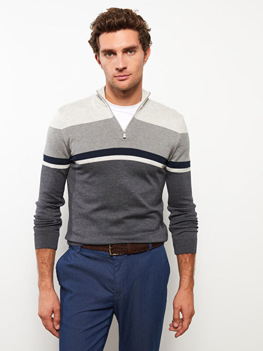 Dik Yaka Uzun Kollu Renk Bloklu Erkek Triko Kazak