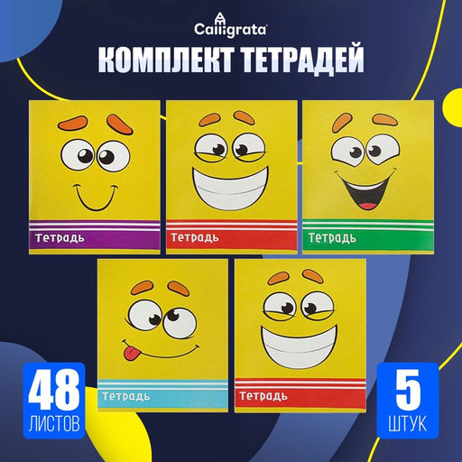 Комплект тетрадей из 5 шт, 48 листов, клетка, Смайлики, обложка мелованный картон, блок офсет - Calligrata фото 5