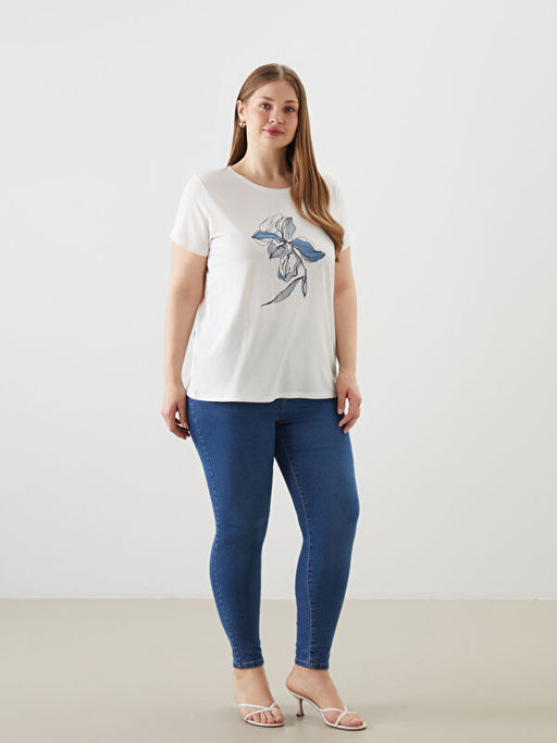 Bisiklet Yaka ?i?ekli Kad?n Ti??rt