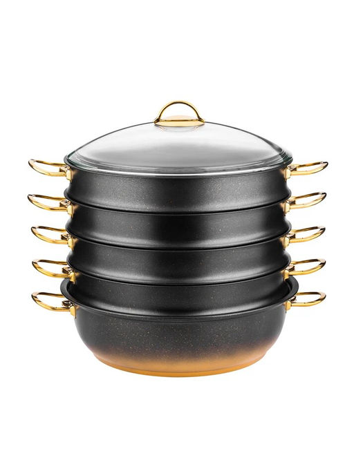 Мантоварка с крышкой стеклянной 28х10 см (5,8 л) с АПП, цвет: черный/золотой, арт. 4000-BK/GD-28.